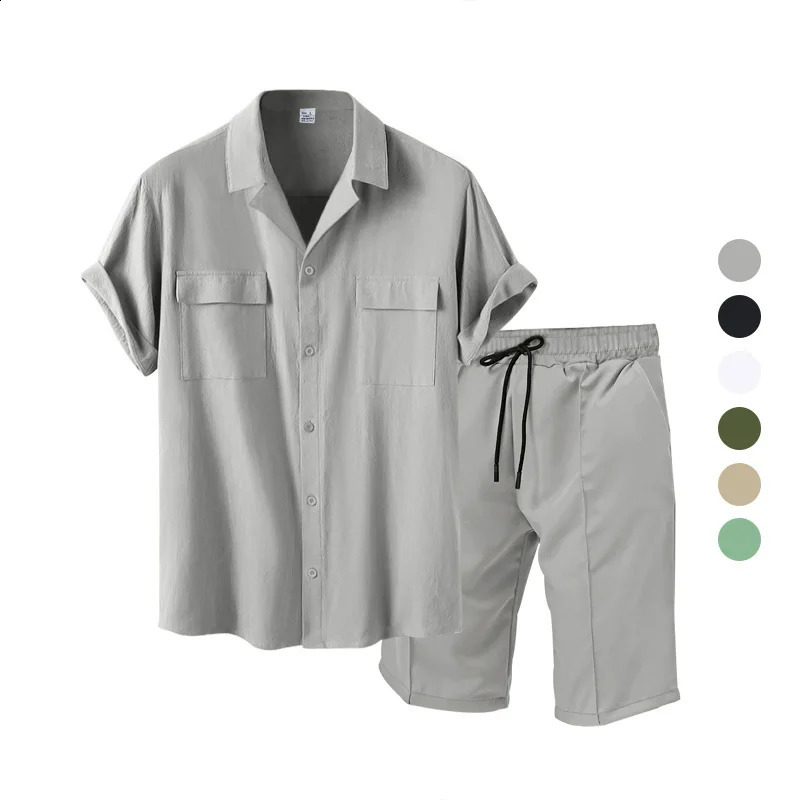 Casual Fashion Mens Suit Summer Beach Style Solid Color Mens Shirt Short Sleeve and Shorts Two-Piece Set Mens Clothing 250314