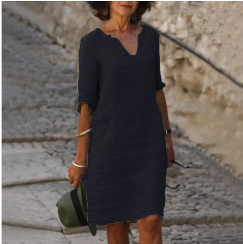 Vintage Women Solid Mini Dress Summer Fashion V-neck Three Quater Sleeve Cotton Linen Dress Ladies Casual Holiday Vestidos 250320
