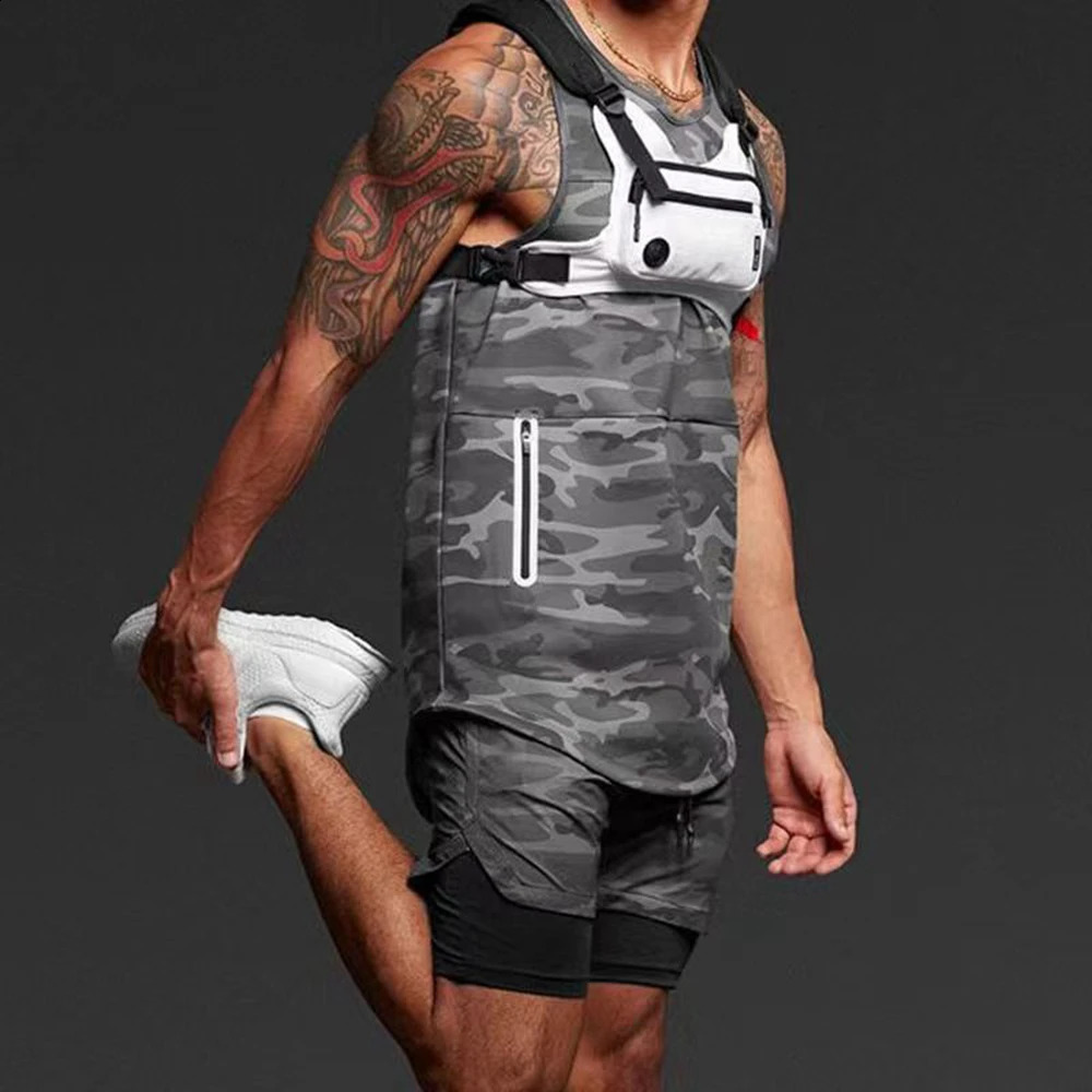 Mens Zipper Sleeveless Camouflage Black Tank Top for Summer Breathability Quick Drying Tight Fitness Underwear 250319