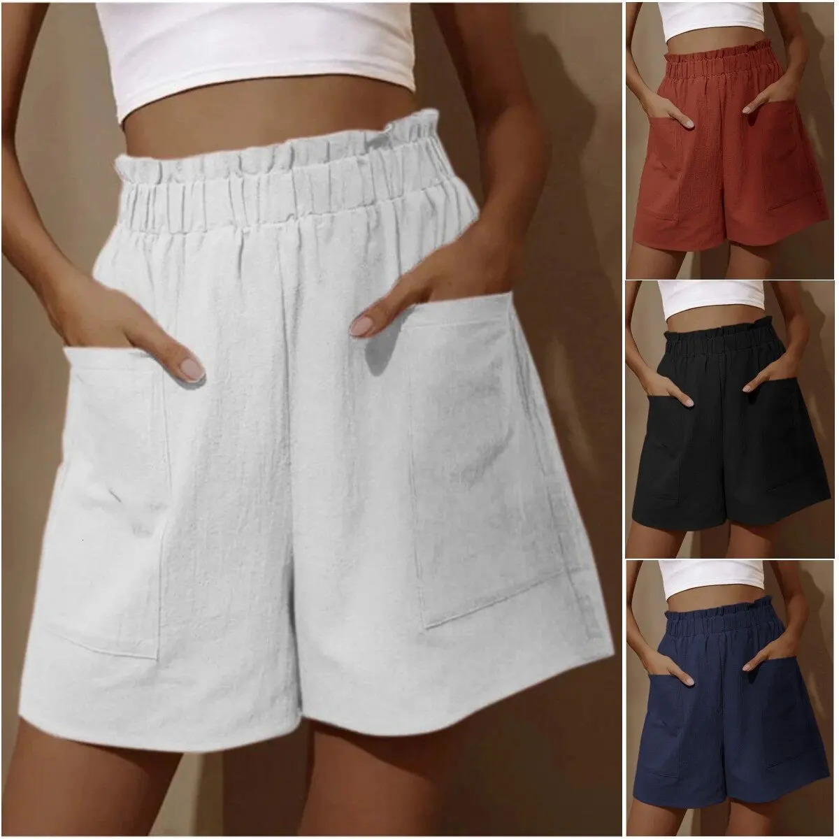 European and American womens cotton and linen flower bud high waist shorts fashionable large wide leg casual shorts 250320