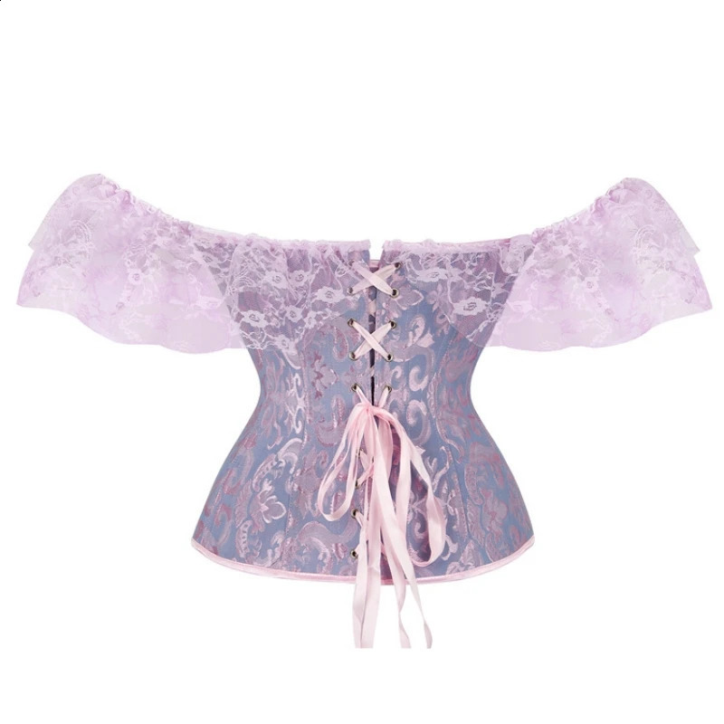 Women Sexy Corset Top Plus Size Vintage Flowers Lace Up Trim With Sleeves Shoulder Bustier Satin Overbust Burlesque Costumes 250319