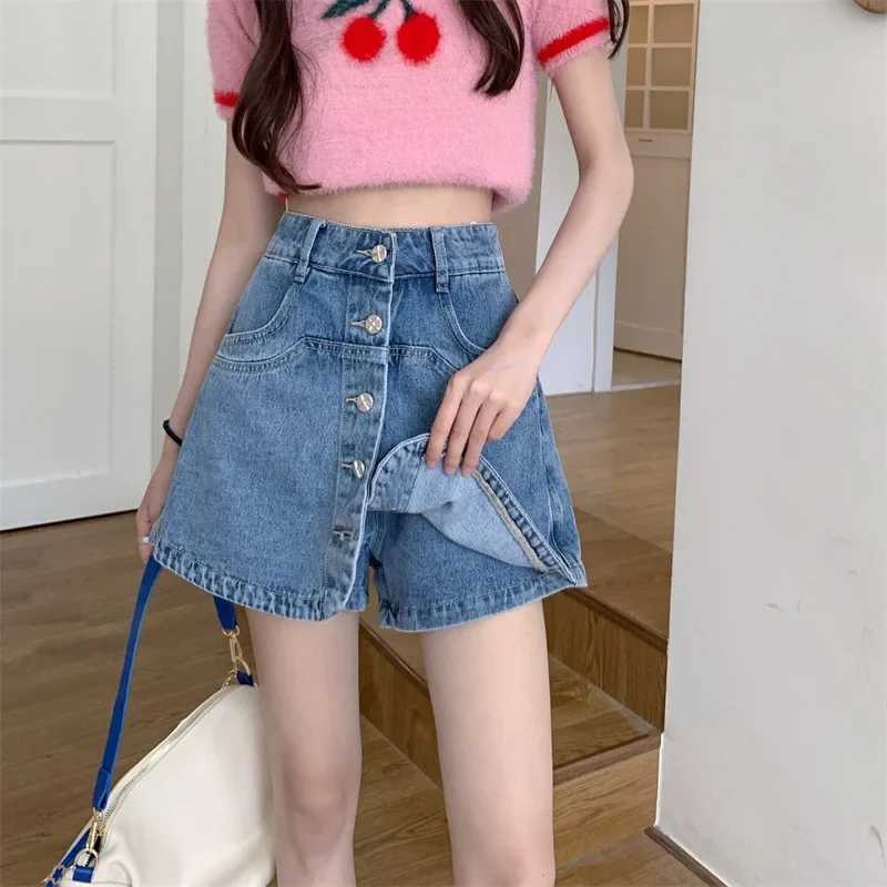 2023 Summer New Denim Leather Pants Womens High Waist A-Line Short Sleeve Leather Pants Mini Set Style Bottom Short Sleeve Casual ClothingXJ250320