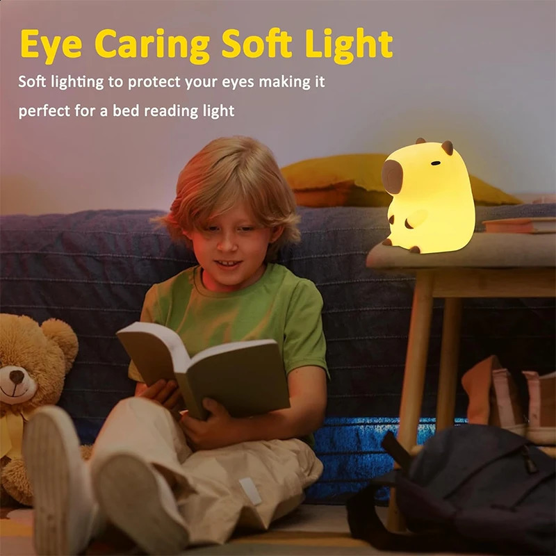 Cute Capybara Night Light Childrens Silicone Nightlight Gift USB Rechargeable Animal Touch Bedside Sleep Lamp Decoration 250319