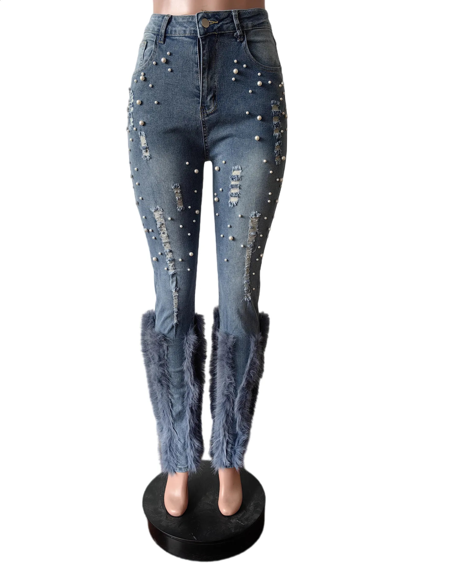 Hollow jeans pearl pants sexy womens high waisted elegant streetwear torn denim feather cargo transport vehicle 250314