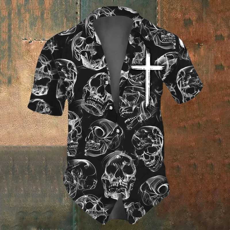 Retro Mens Shirts Small Skull Print Short Sleeve Loose Oversized Hawaiian Shirt Fashion Man Clothes Skull Black Shirts For Men M250320