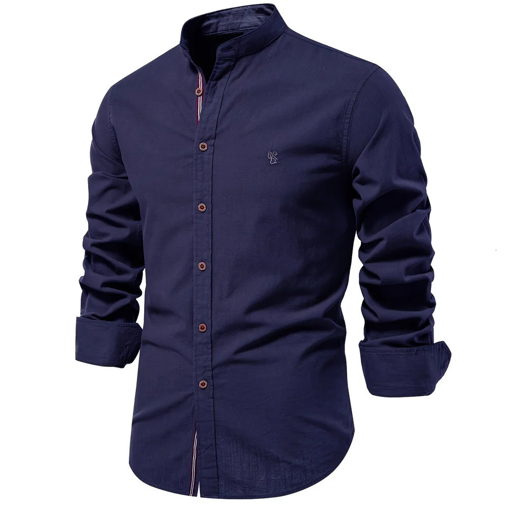 Autumn 100% Cotton Social Shirt Men Solid Color Long Sleeve High Quality Shirt for Men Stand-up collar Casual Mens Shirts 250320