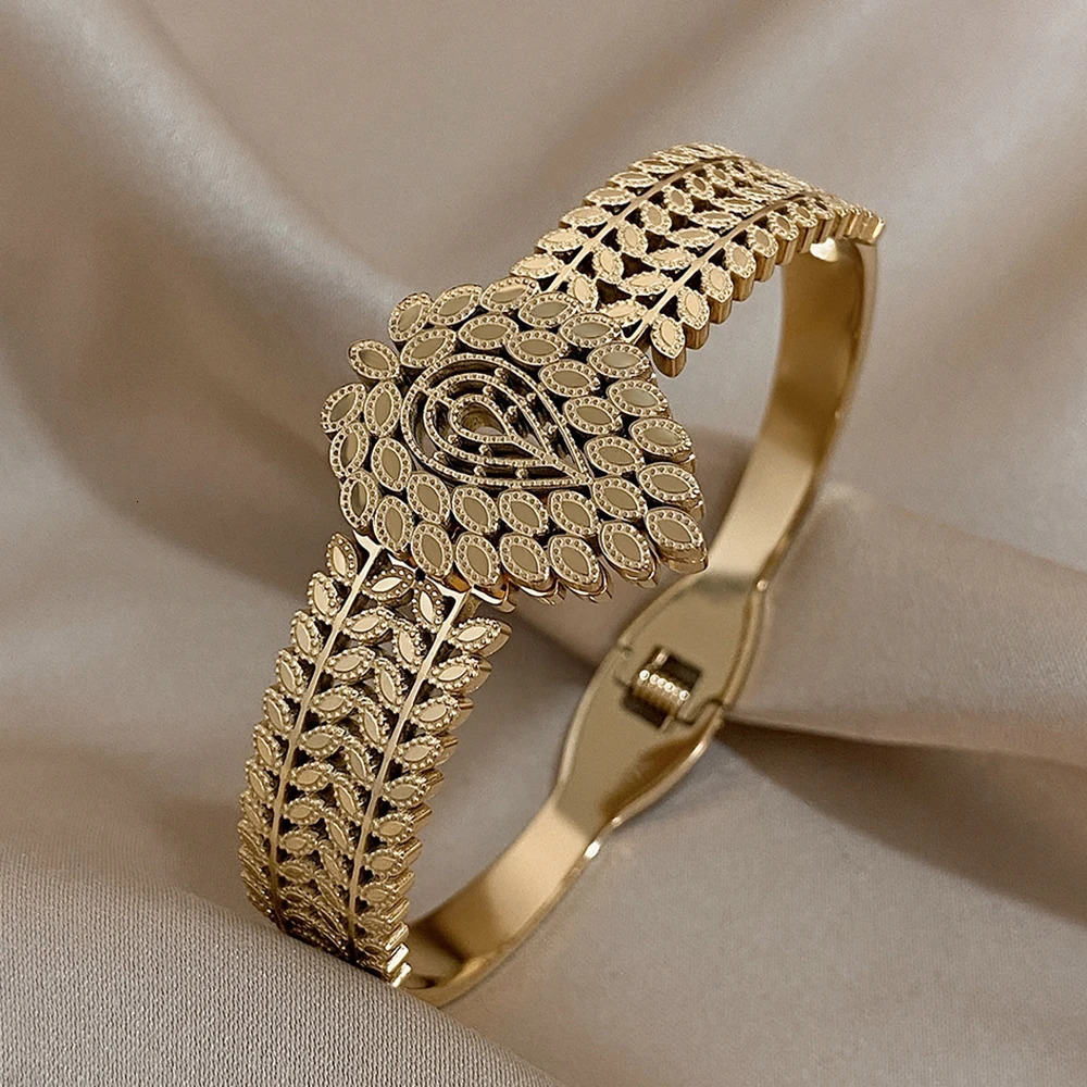 Vintage Stainless Steel Open Bracelet for Women Men Hollow Teardrop Leaf Shape Cuff Bangles Bracelet Unique Leaves Party Jewelry 250320