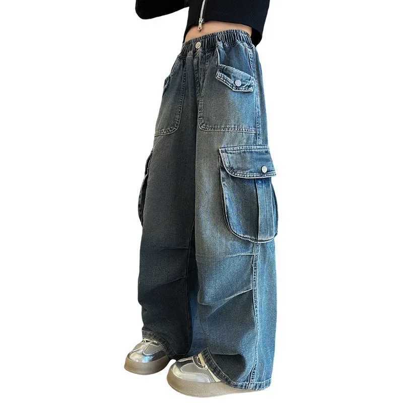 Girls Multi-Pocket Blue Washed Jeans Kids Cargo Retro Streetwear Wide Leg Pants Childrens Fashion High Waist Casual TrousersT250326