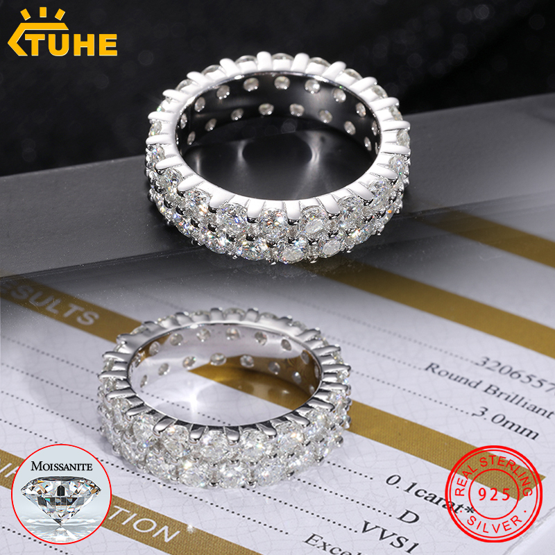 Top Quality 2 Rows 3mm VVS1 Moissanite Rings For Men Hip Hop Jewelry 100% 925 Sterling Silver HipHop/Rock Bling Ring Gift