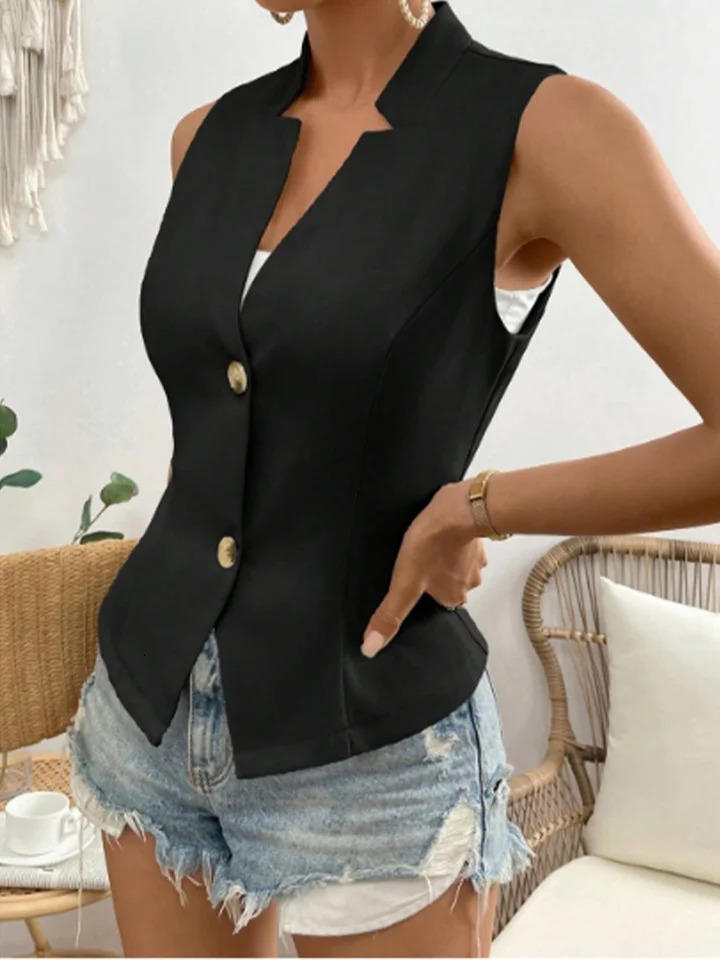 Solid color button short sleeved sleeveless lapel womens suit jacket street fashion daily elegant summer top 250314