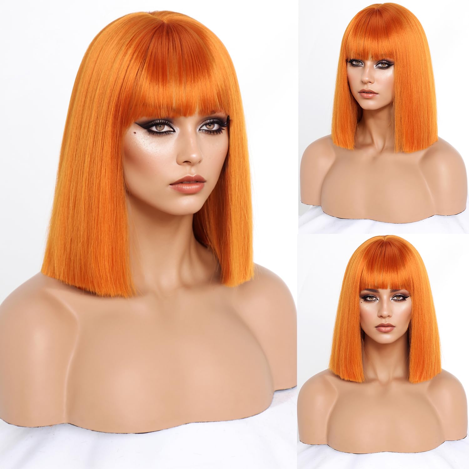 Short Orange Bob Wigs with Bangs,Short Straight Bob Orange Wigs for Women Hair Bob Cut Wig Shoulder Length Wig,Natural Looking Cosplay Daily Party Wig