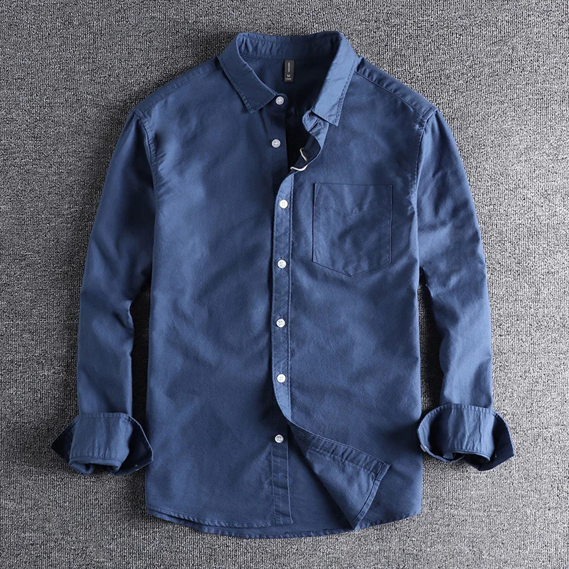 Washed Oxford Fabric Base Simple Pocket Long Sleeve Shirt Mens Casual Jacket 250317