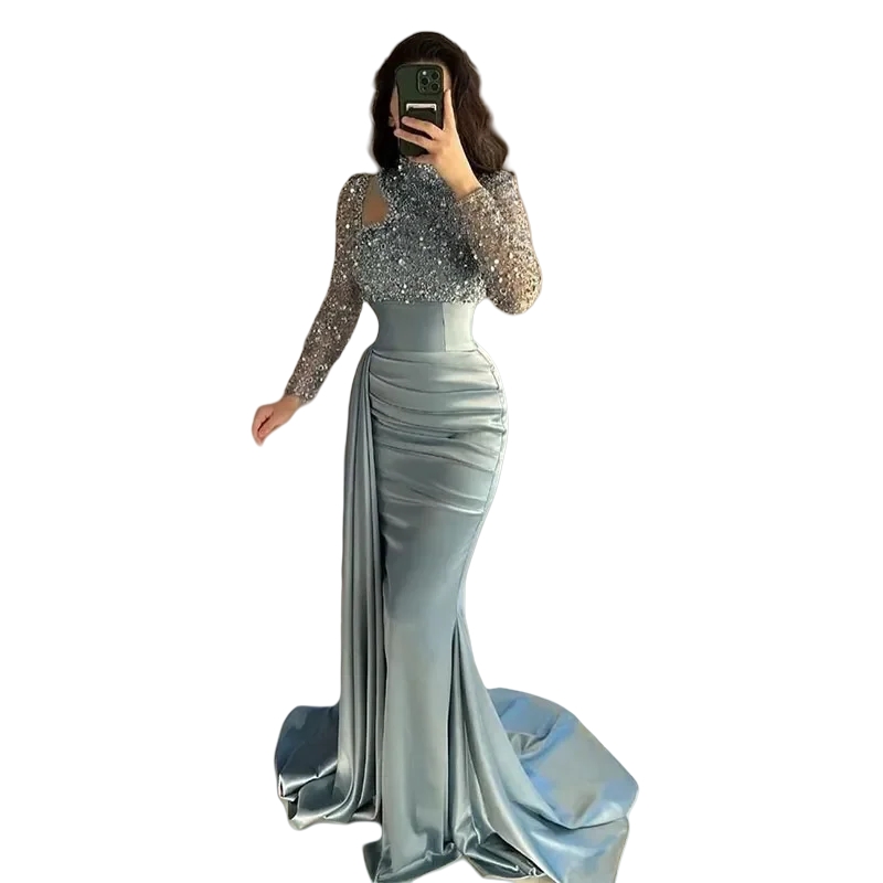 Elegant Beaded Mermaid Evening Dresses Long Sleeves High Collar Sparkling Sequins Crystal Beads Prom Dress Side Slit Arabic Dubai Formal Occasion Gown