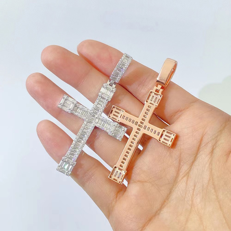 Iced Moissanite Cross Pendant Hiphop 925 Silver Rectangle D Color Moissanite Diamond Pendant Women Men Ins Handmade Jewelry Gift