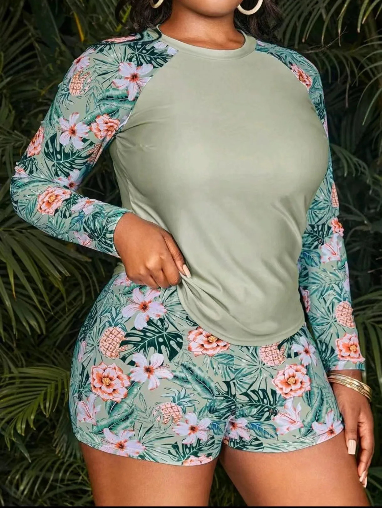 2023 Tropical Long Sleeve Swimsuit Women Plus Large Size Swimwear Female Bathers Bathing Swimming Swim Suit Beachwear 4XL 250319