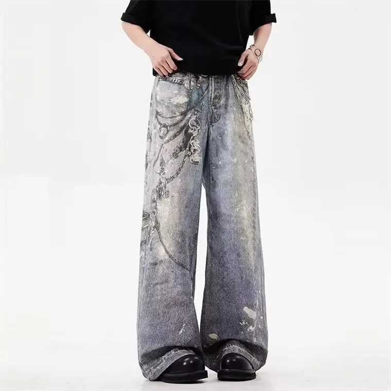 Fashionable straight leg denim jeans mens loose casual style 3D chain pendant printing Distressed Design street fashionT250319