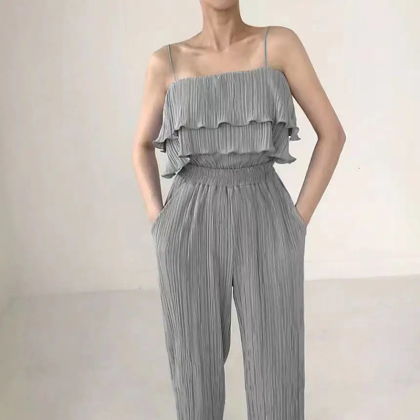 HELIAR Women Set Pleated Spaghetti Strap Tank Top and Wide Leg Pants 2 Piece Sets Vacation Beach Suits Summer Women Outfits 250320