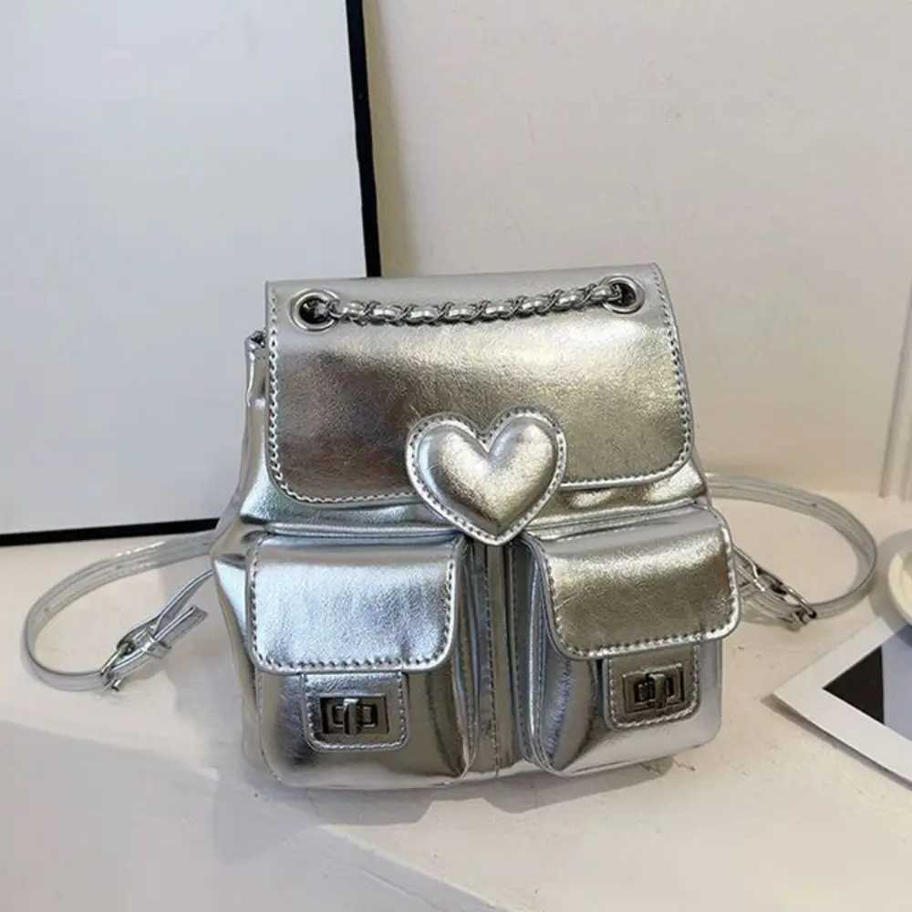 Cute Silver Backpack Chain Heart Bookbag Large Capacity Solid Color Daypack Y250319