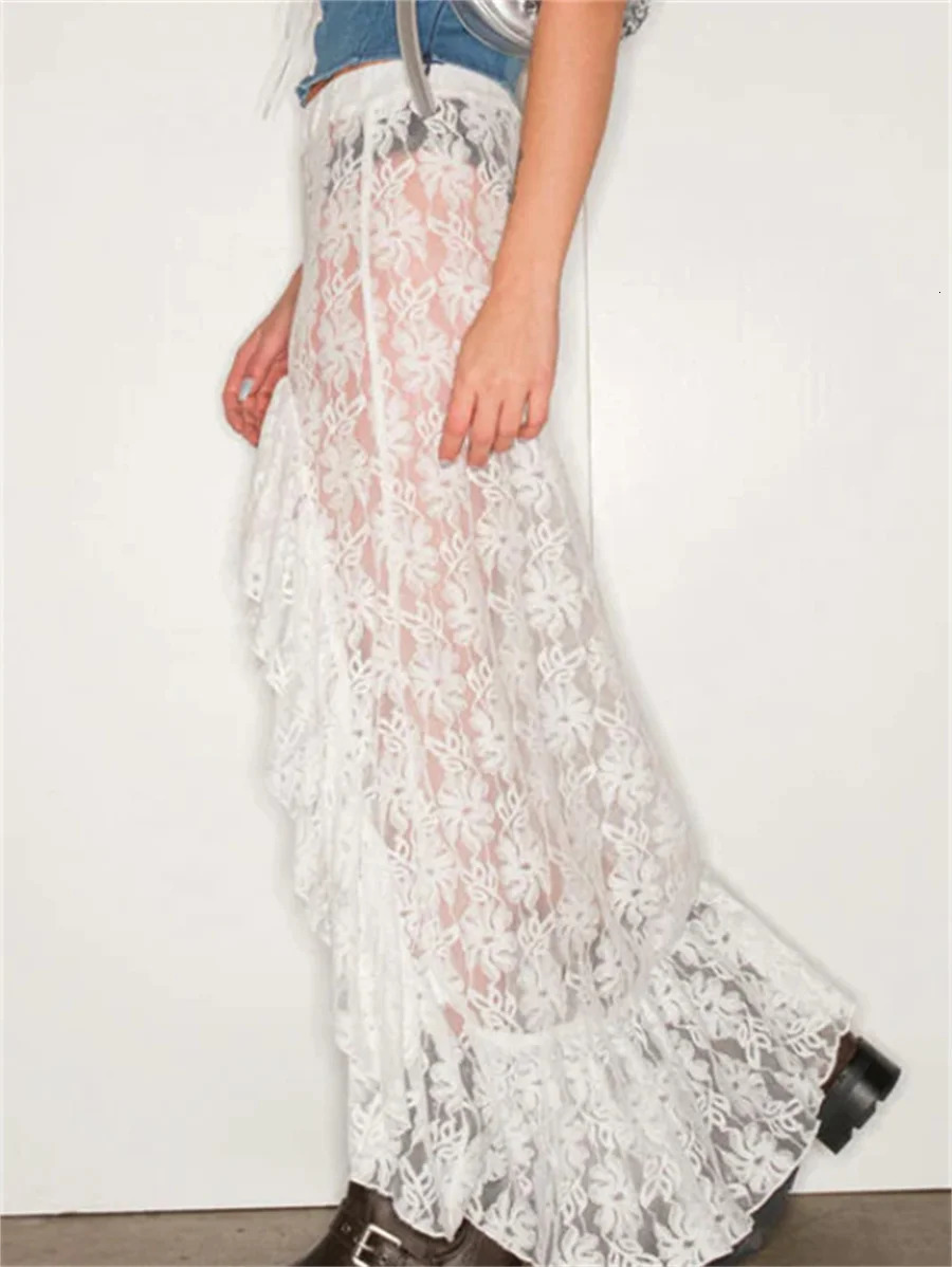 Women Sheer Mesh Y2k Lace Skirt See Through Vintage Fairy Grunge Lace Floral Ruffle Irregular Hem Maxi Skirt Trendy Streetwear 250320