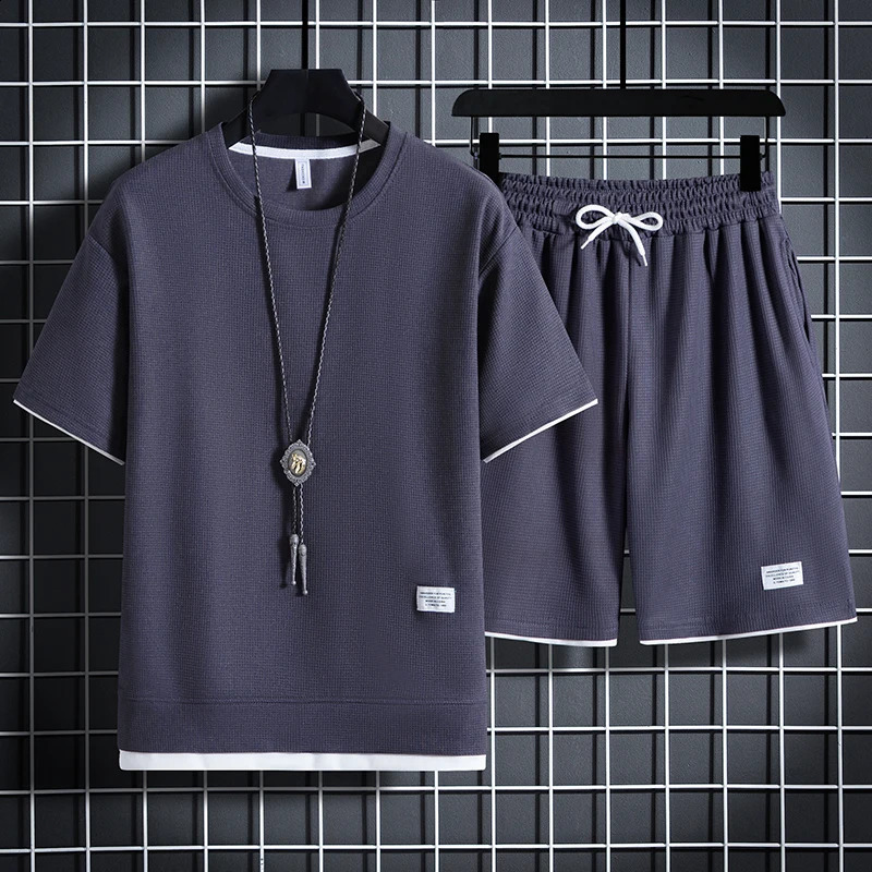Summer mens waffle set casual Tshirt and shorts sportswear solid color loose size 3XL 250319