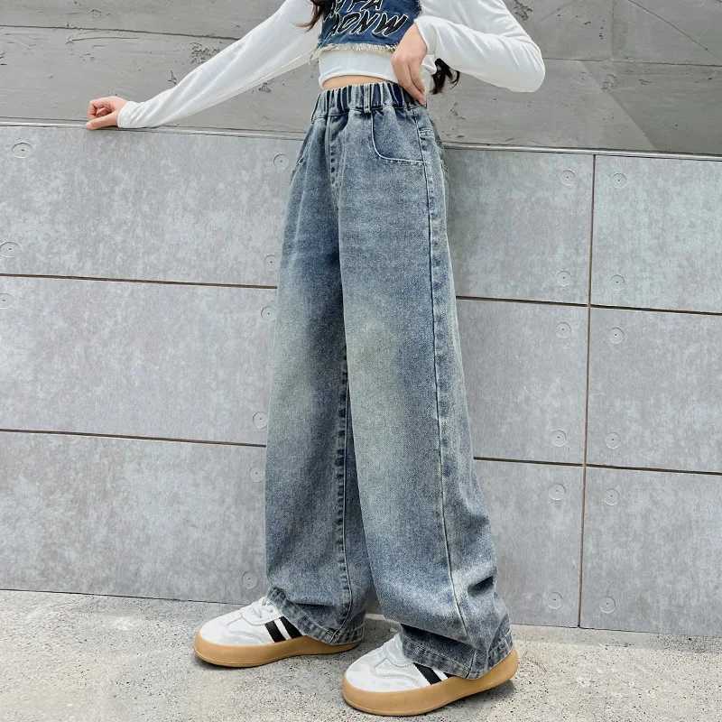 Fashion Girls Wide Leg Pants Jeans New Spring Autumn Kids Blue Denim Trouser Womens Loose Jeans Childrens School ClothingT250326