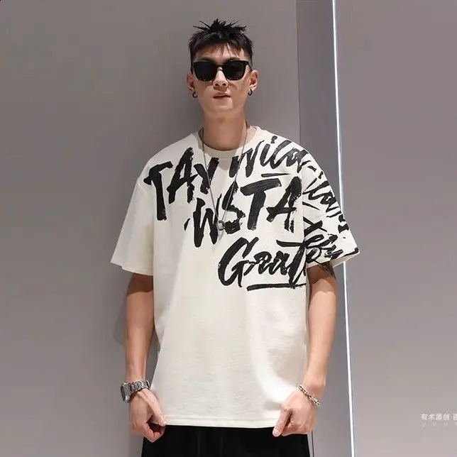 Cotton Letters Doodle Print Tshirt Men Summer Trendy Fashion Trend Top 250312