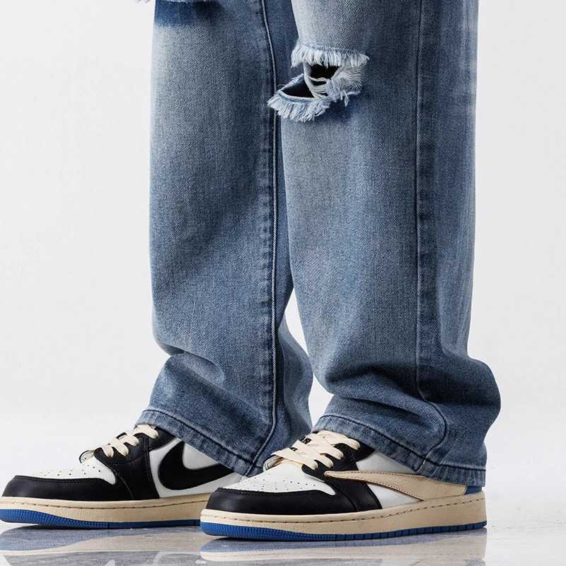Fashionable retro jeans mens streetwear ripped loose hip-hop hole Trouser casual straight mens clothing wide jeansT250319