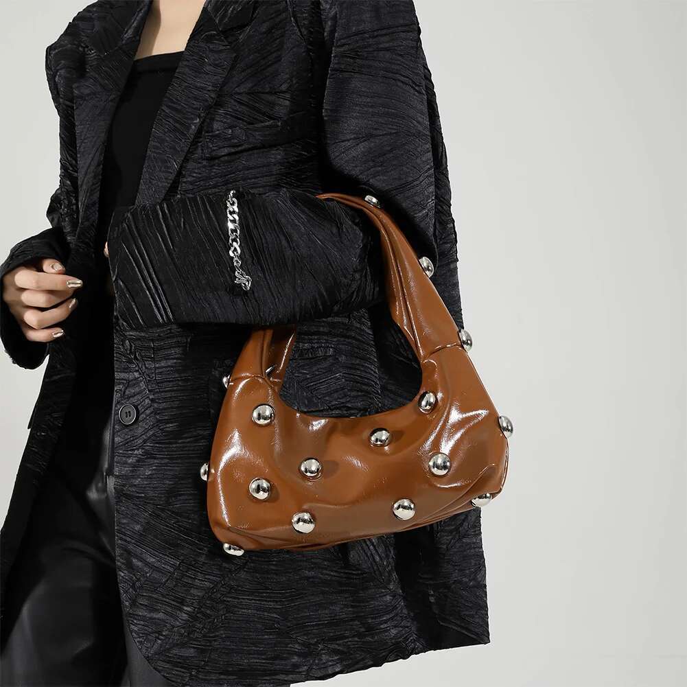 Women PU Rivet Shoulder Stylish Crossbody Adjustable Strap Trendy Underarm Fashion Tote Handbag Outdoor Travel Bag