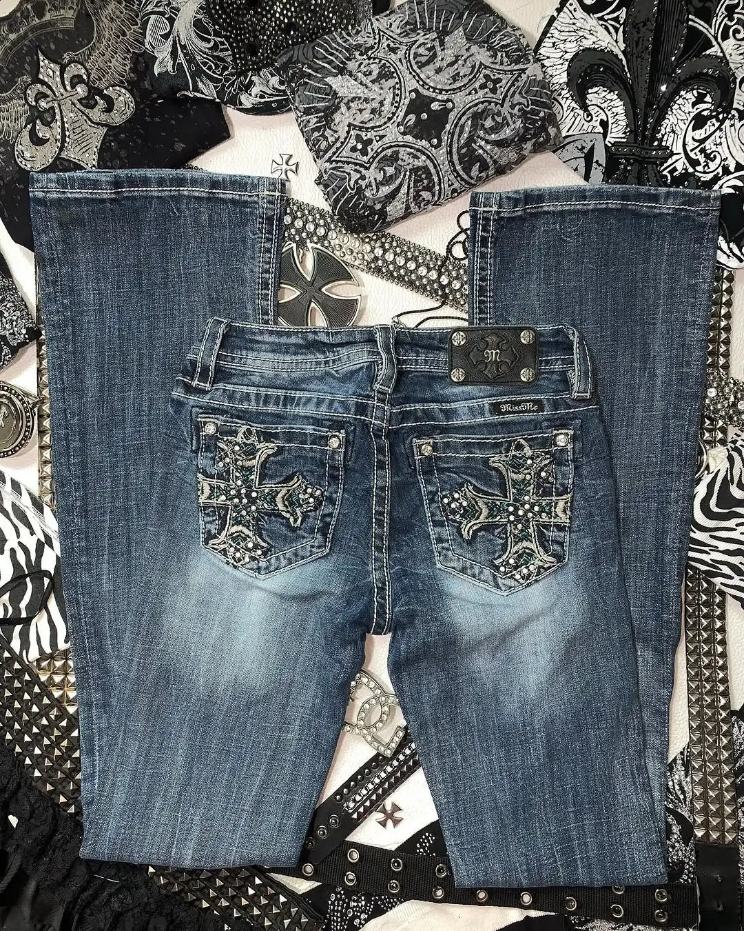 Y2k Retro Gothic High Waited Jeans Diamond Embroidery Pattern Blue Jeans Woman Hip Micro Horn Baggy Jeans Street Clothing 250319