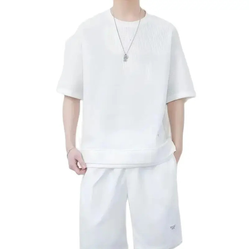 Mens Jogging Waffle Summer Suit 2025 Casual T-shirt Shorts Suit Mens Tracksuit Solid color tracksuit loose suit M-5XL 250320
