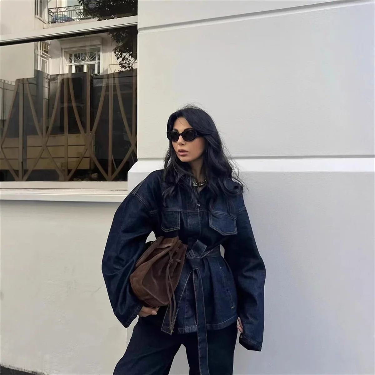 Retro belt denim jacket pants set womens lapel single chest pocket straight jeans 2025 spring streetwear 250319
