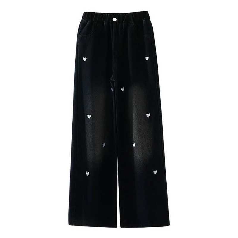 New Fashion Teen Girls Cowboy Wide Leg Pants Children Trousers Spring and Autumn Love Pattern Girls Jeans 5-14 Year Old Childrens ClothingT2502320