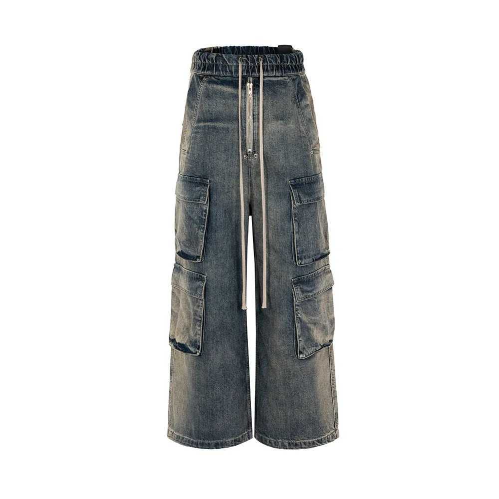 RO style gradient ribbon mens multi pocket drawstring jeans Harajuku streetwear bag Y2K denim typewriter oversized cargoT250319