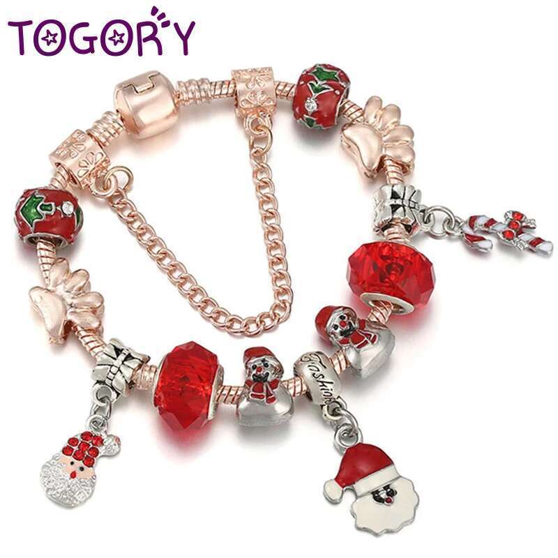 2024 Trendy Rose Gold Bells Pendant Charm Bracelets on Hand With Santa Claus Beads Bracelet For Women Kids Xmas Jewelry Hot Sale