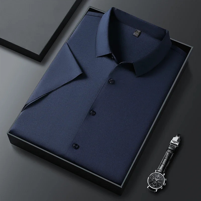 Mens Business Casual Solid Color Short Sleeved Shirt for Summer Fashion No Ironing Comfortable and Versatile Top 250320