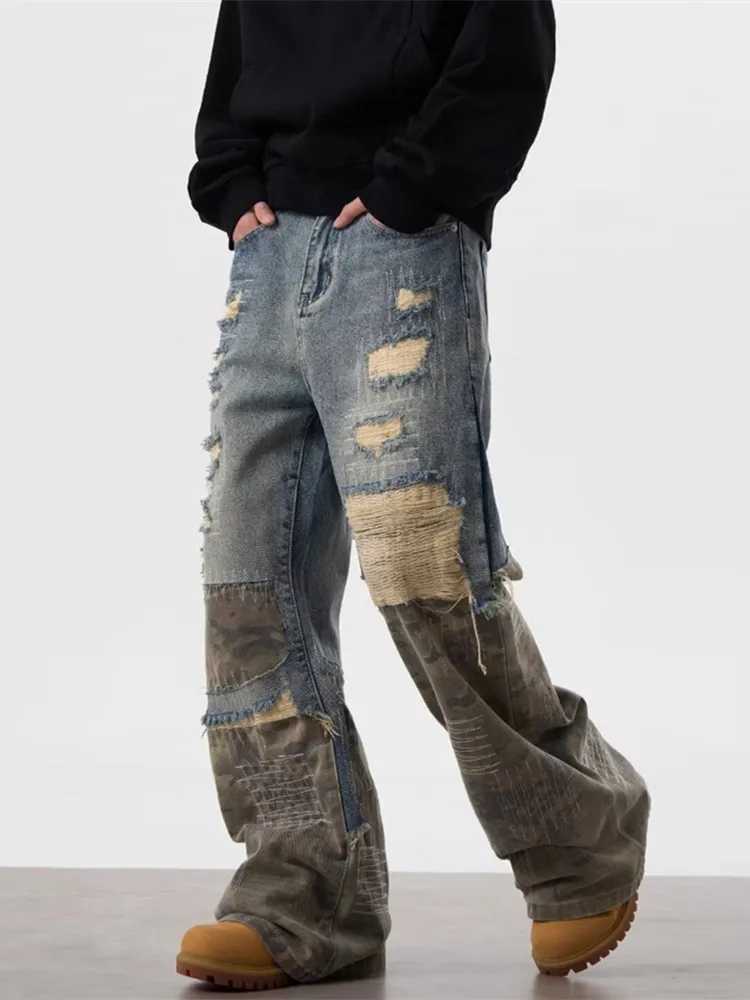 2024 Garbage Y2K Street Clothing Tear Stacked Bag Jeans Mens Clothing Camouflage Patch New Rock Hip Hop Cowboy Trojan HorseT250319