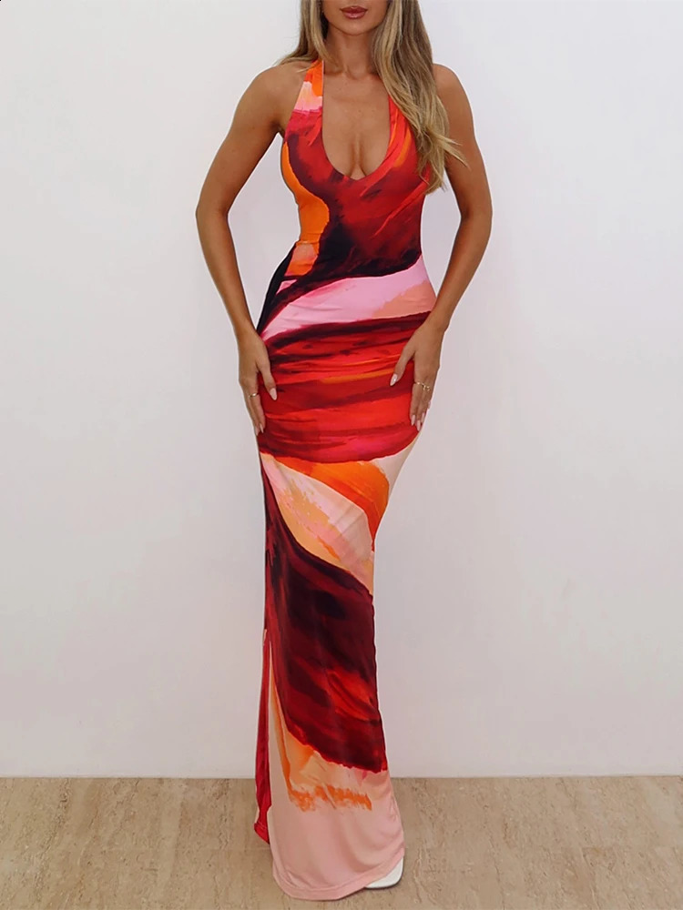 Weird Puss Deep V-Neck Women Long Dress Colorful Print Sexy Backless Sleeveless Lace-Up Elegant Birthday Banquet Party Bodycon 250319