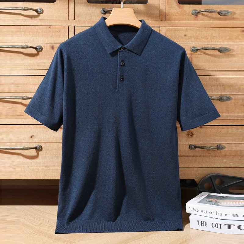 Mens Short Sleeved Polo Collar T-Shirt Wool Silk Tees Pullover Knitted Shirt Casual Tops Monochromatic Spring Summer 250317