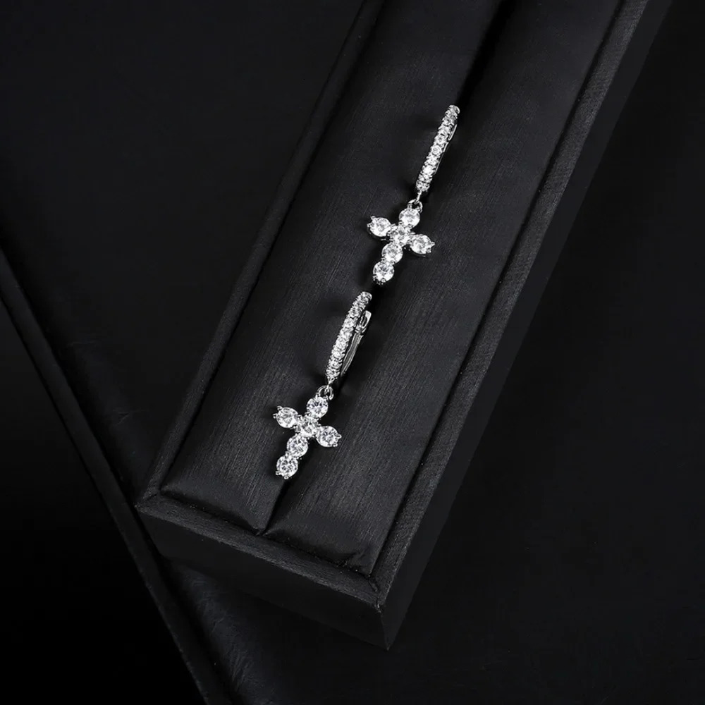 FEOBUR Full Moissanite Cross Drop Earrings for Women 100% 925 Sterling Sliver Lab Diamond Dangle Earrings Men Hiphop Jewelry