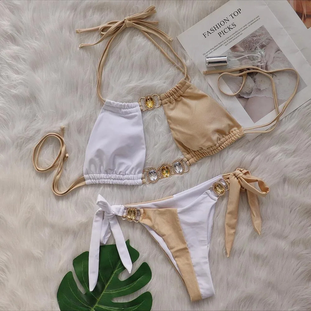 SERENECHIC 2025 Sexy Splicing Bikini Set Crystal Diamond Blocks Color Two Piece Swimsuit Womens Beach Wear 250319