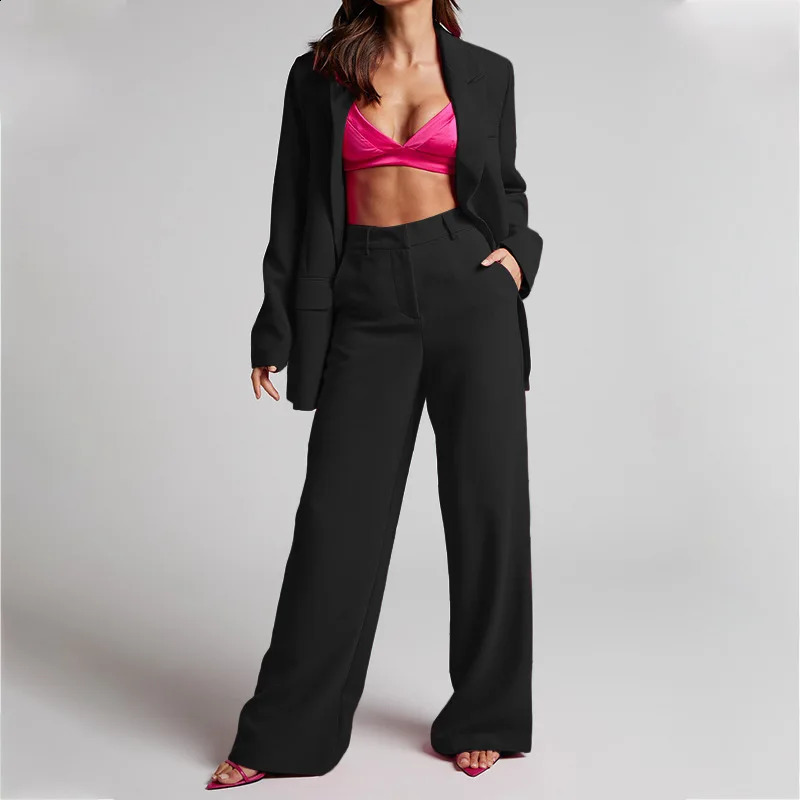 Fashion and casual womens jacket set elegant long pants solid twopiece office autumn winter clothing 250319