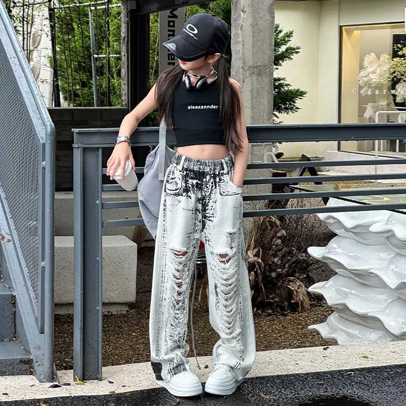 Teenage girl hole tie dyed jeans big padding young man big tear wide leg pants teenage children sleeveless topT250326