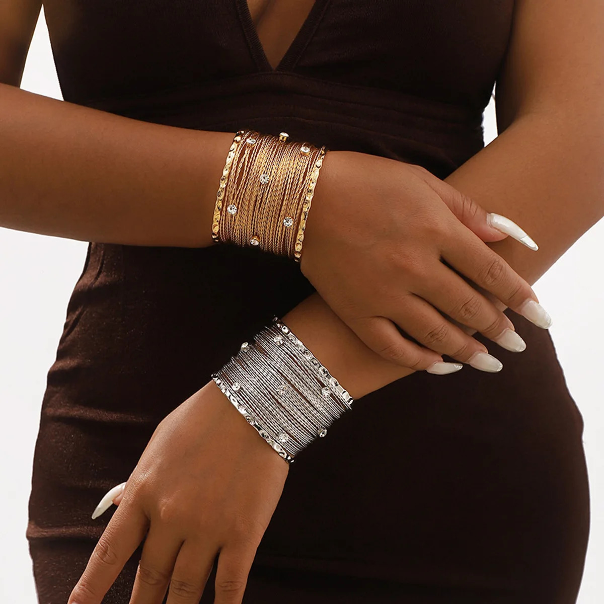 Vintage Multilayer Metal Wires Open Cuff Bangles for Women Exaggerated Punk Rhinestone Arm Bracelet Grunge Jewelry Steampunk 250320