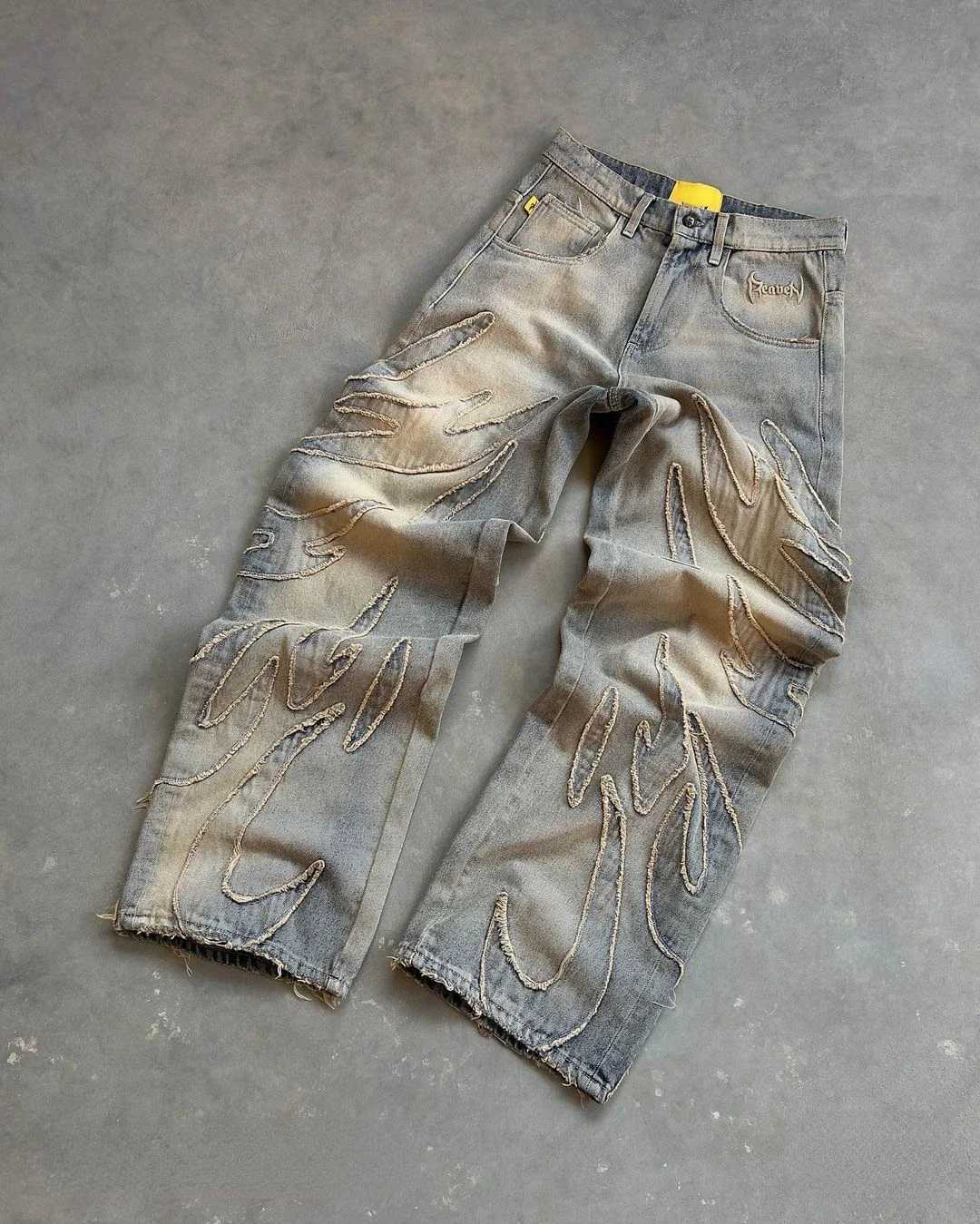 Y2k Street Retro Raw Edge Embroidery Baggy Jeans Men Women Fashion Hip Hop Patchwork High Waisted Denim Pants Ripped Jeans 2024T250319