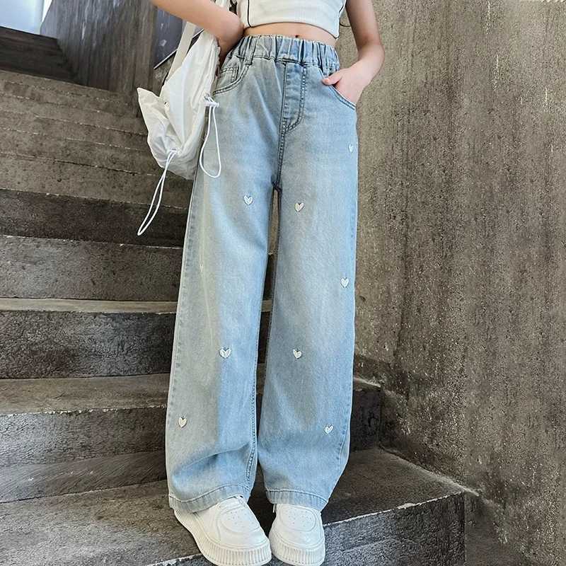 Summer Girls Middle School Fashion Loose Solid Color Small Love Jeans Casual Pants Wide Leg Pants 4-10 Years OldT250326