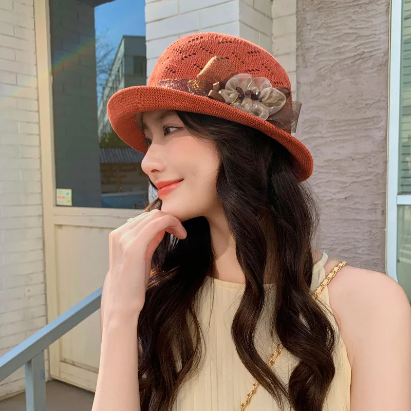 Elegant and Dignified Temperament Upturned Edge Flower Pot Hat Summer French Hat Womens Sunscreen Sun Hat 250320