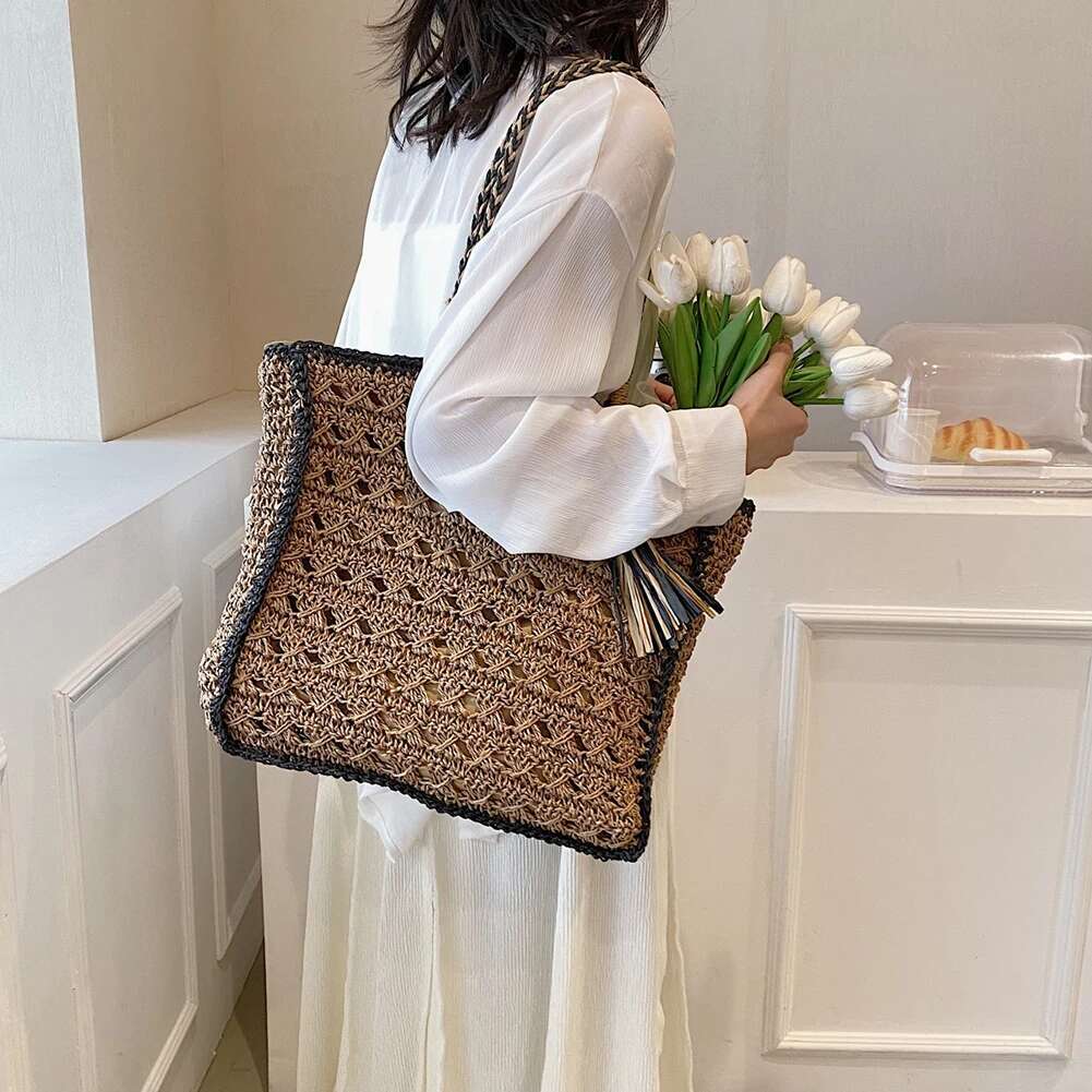 Summer For Women Straw Shoulder Bags Rattan Woven Boho Wicker Beach Tote Handbags Hollow Out Tassel Handle Bag Bolsas