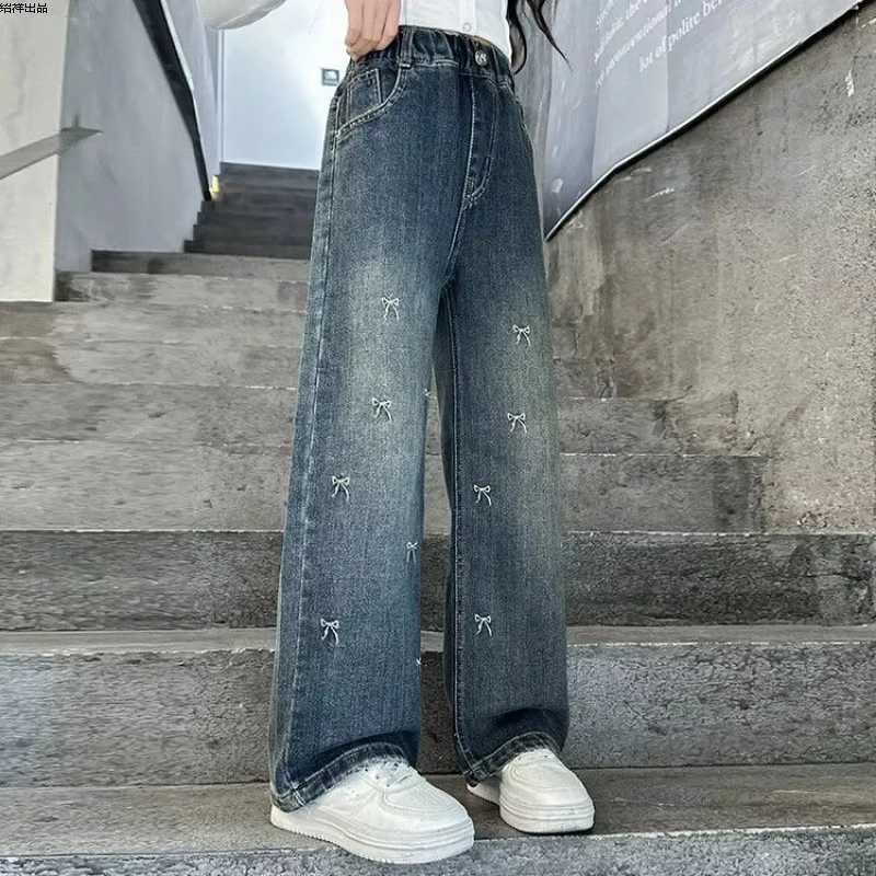 2025 Autumn Wide Leg Jeans for Girls Pants Kids Bow Embroidery Design Fashion Casual School Teenage Children Trousers 4-15YearsT250326