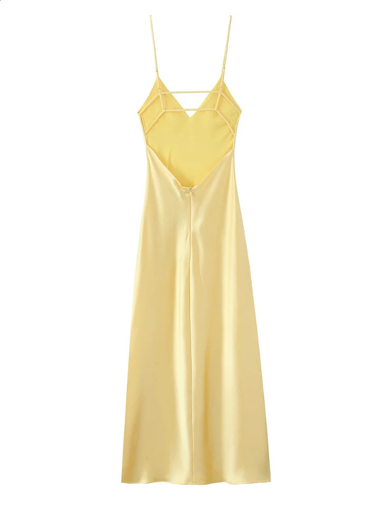 Elegant Satin Yellow Womens Long Dresses Fashion Sleeveless Backless Slim Fit Hem Midi Dress Summer Female Holiday Robes 250319