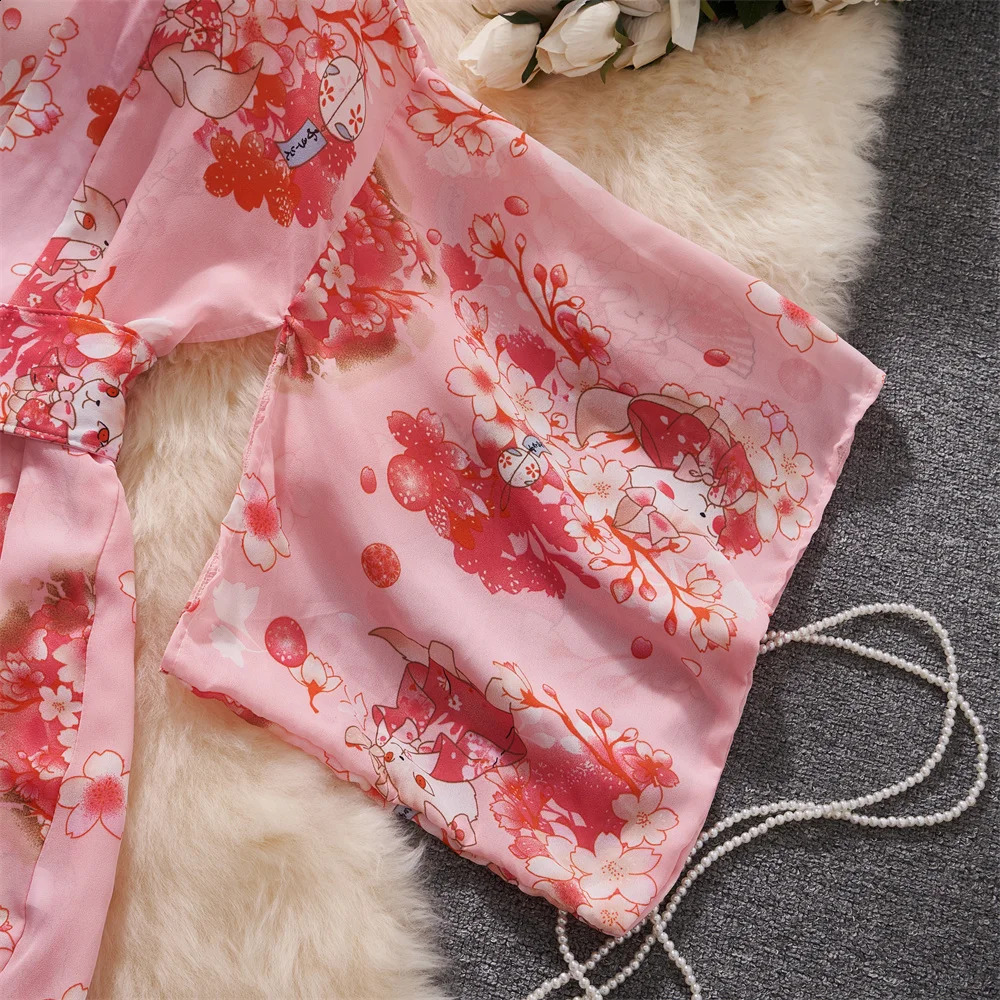 sweet Print Short Dress Sheer Sexy Kimono Slim Petal Sleeves Bathrobe Womens Secret Clothes Erotic Lingerie Pajama Nightwear 250319